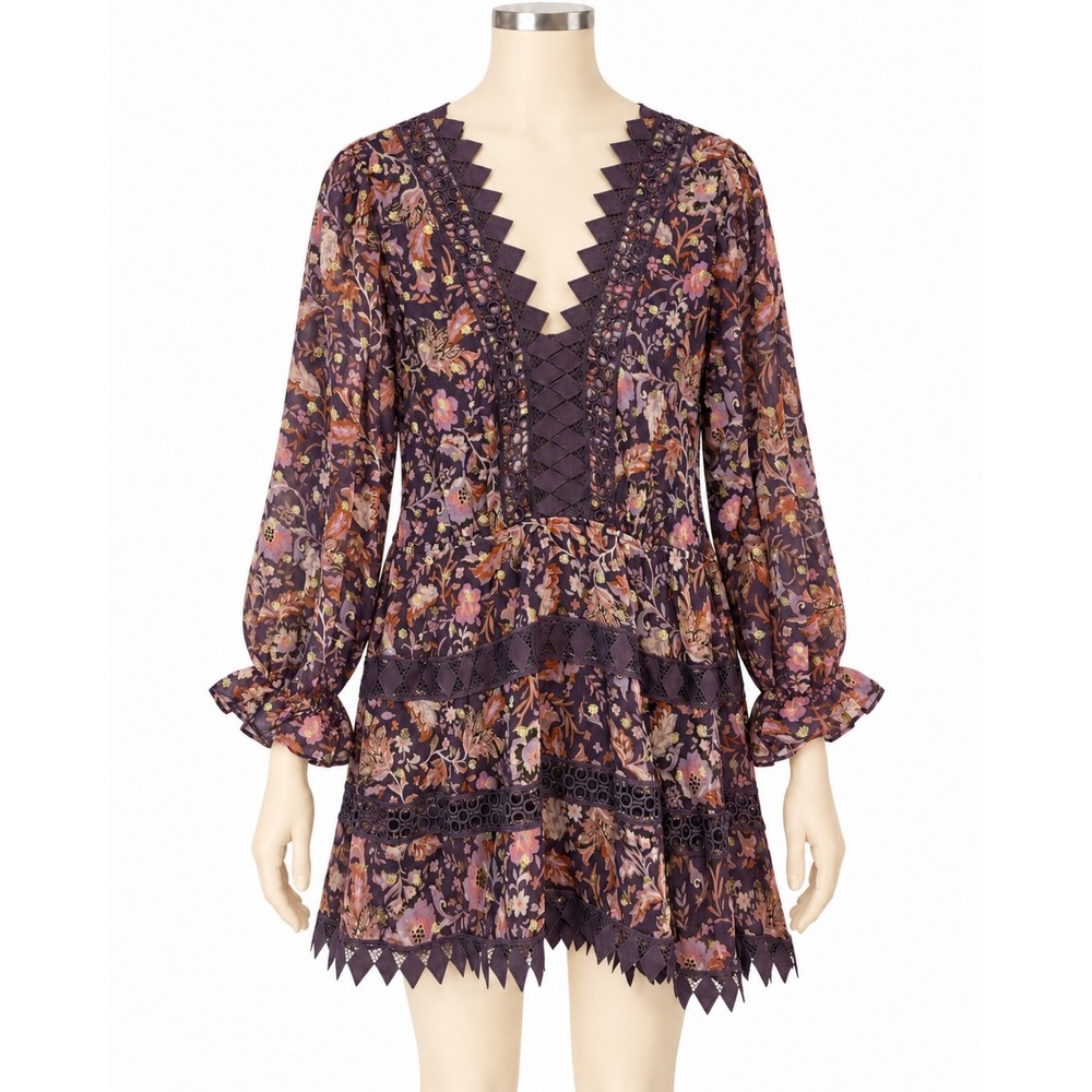 Talulah Purple Floral Lace Up Mini Dress Gold Foil Crochet Trim S#2307-08LDH M